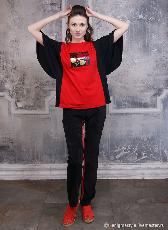 Red rose women's t-shirt, black oversize t-shirt, sport chic, T-shirts, Novosibirsk,  Фото №1