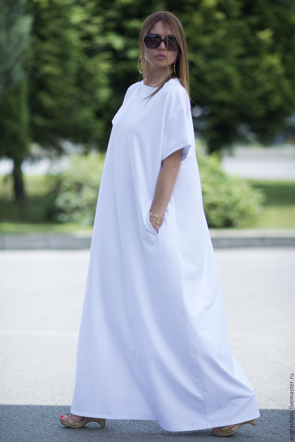 Белое платье в пол. Длинное платье. Платье свободного кроя. Платье с карманами. Ярмарка Мастеров.