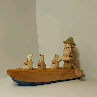 Куклы и игрушки ручной работы. Ярмарка Мастеров - ручная работа Деревянный игровой набор Спасатель дед Мазай и зайцы. Handmade.