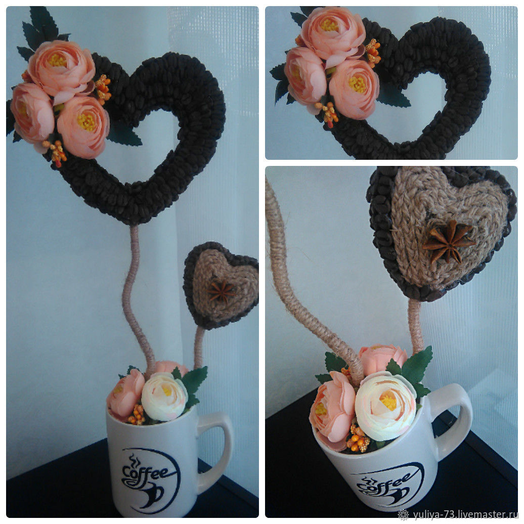 Топиарий в чашке: кофейное сердце с крыльями из пёрышков. Фото + видео!