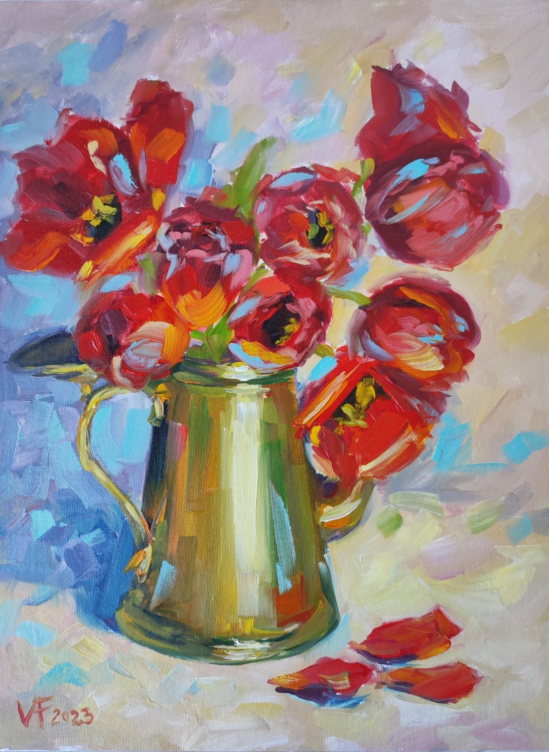 Картина масляными красками, холст на картоне, красные тюльпаны в ...