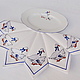 Napkins with embroidery `Geese` on the famous Czech dinner service. ` Sulkin house` embroidery workshop
