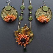 Украшения handmade. Livemaster - original item Set of round Sunflower earrings and necklace made of polymer clay:. Handmade.