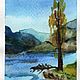 Акварельная открытка. Весна. Дерево, горы, озеро, голубое небо, Открытки, Москва,  Фото №1