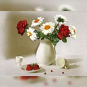 Картина интерьерная  « Букет  летних цветов», вышитая лентами
