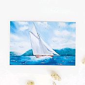 Watercolor author's postcard with a ship in the sea handmade order