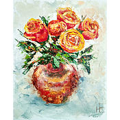 Картины и панно handmade. Livemaster - original item Oil painting of a rose a Bouquet of roses in a vase with a palette knife. Handmade.