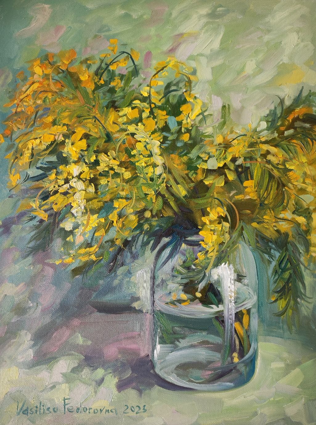 Картина масляными красками, натюрморт, мимоза, картина с цветами 30х40 ...