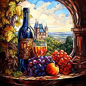 Картины и панно handmade. Livemaster - original item Painting stained glass Still life with fruit and wine. Landscape Fairy Castle. Handmade.