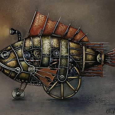 Картины и панно ручной работы. Ярмарка Мастеров - ручная работа Картина маслом стимпанк "Рыба металлическая". Handmade.