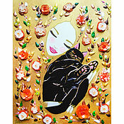 Картины и панно handmade. Livemaster - original item Painting of a Girl and a black cat / black cat. A gift to a cat lover. Handmade.