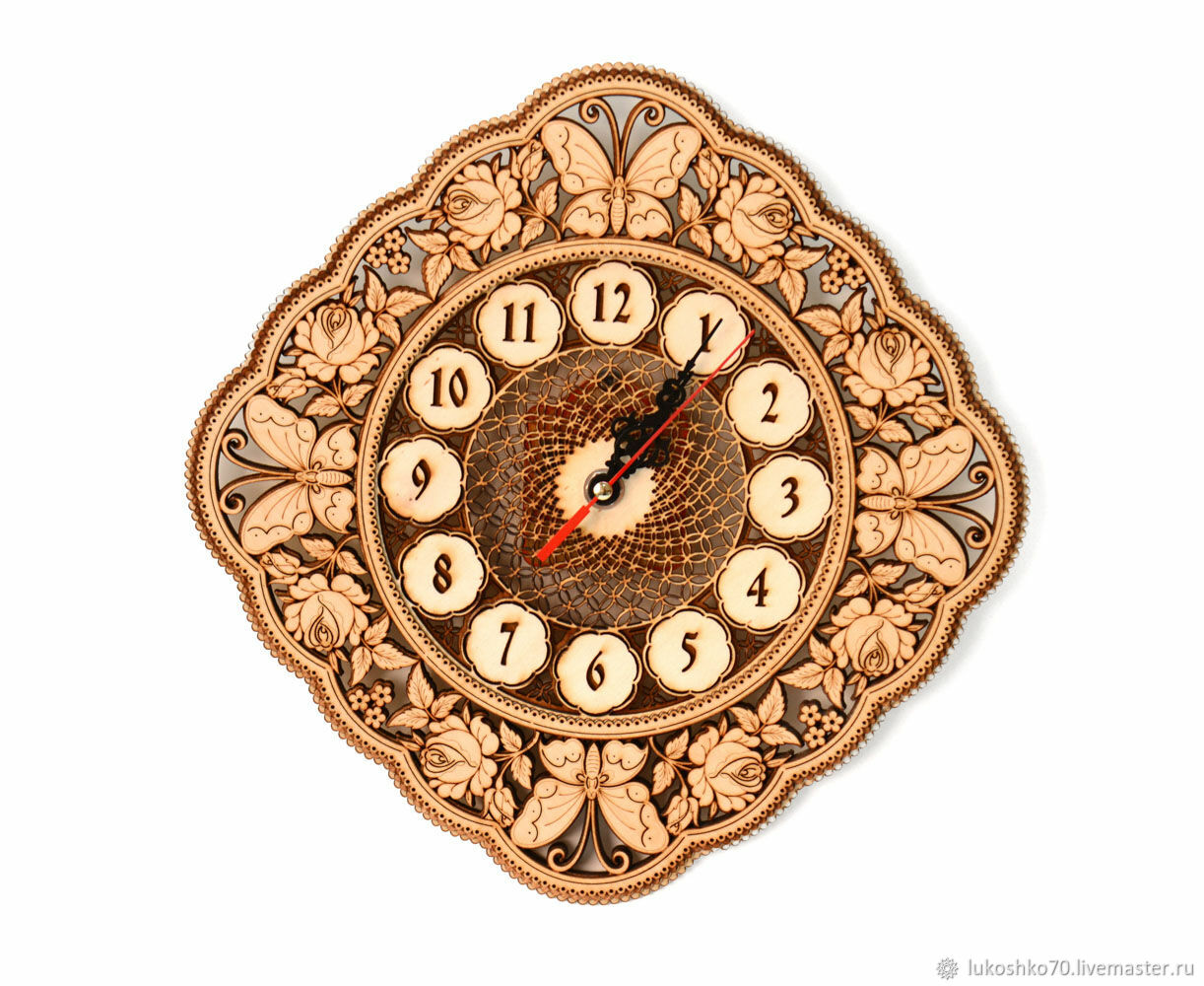 Wooden diamond clock 'Butterflies and roses' 24,5x24,5. Art.40023, Watch, Tomsk,  Фото №1
