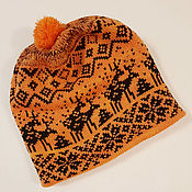 Аксессуары handmade. Livemaster - original item Orange winter hat with reindeer. Handmade.