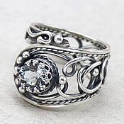 Крупное кольцо с лабрадором "Синяя акварель" Серебро 925  19,5 размер