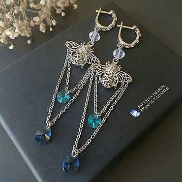 Украшения ручной работы. Ярмарка Мастеров - ручная работа Серьги пчелки со Swarovski, цепочки, родий "Голубая пчела". Handmade.