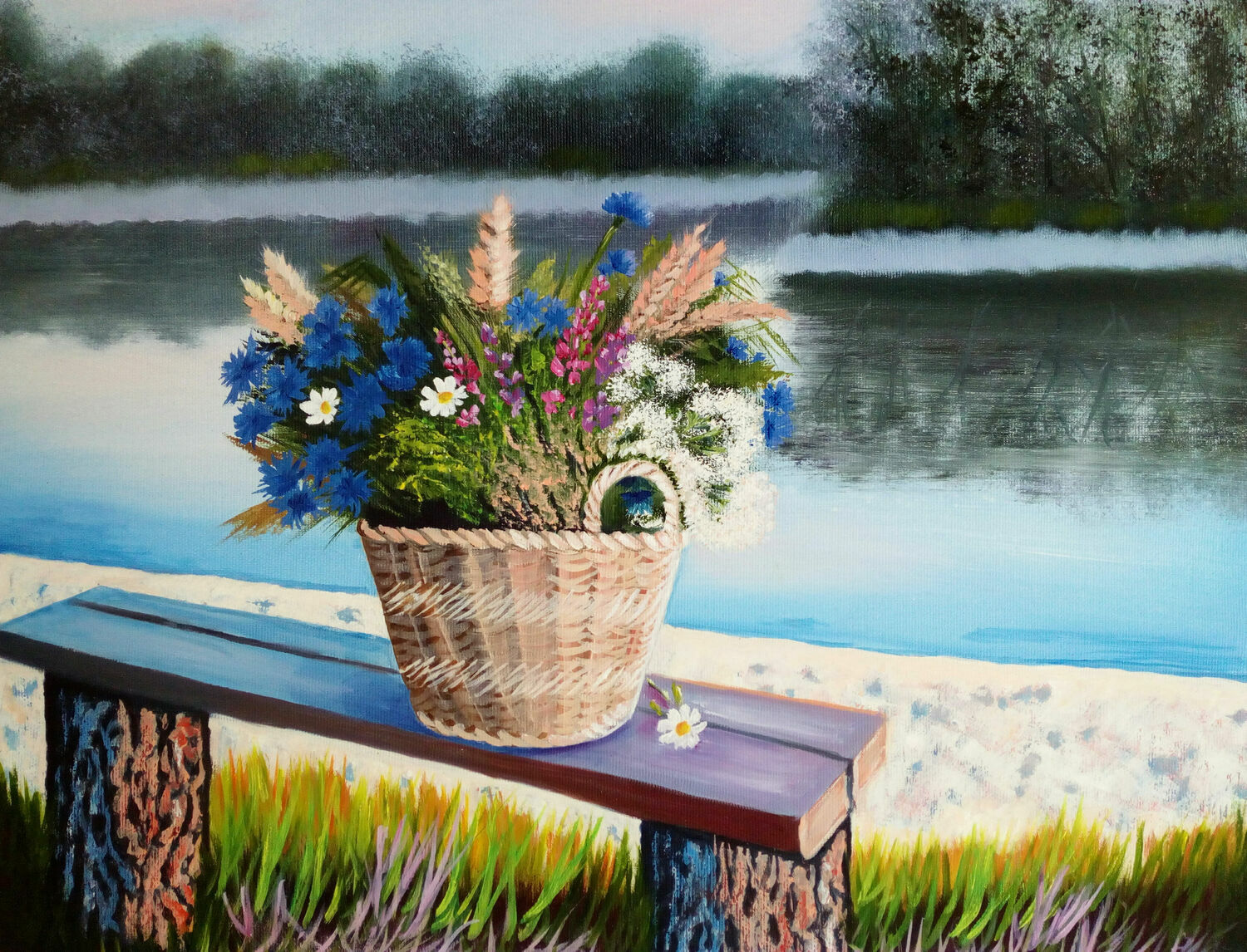  Картина маслом "Полевые цветы.Утро на озере", Картины, Челябинск,  Фото №1