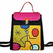Leather black red yellow abstract woman bag