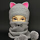 Set of 2 things: Hat with ears Cat Snood with Cat face, Headwear Sets, Orenburg,  Фото №1