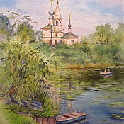 Картина акварелью " Монастырский пруд "