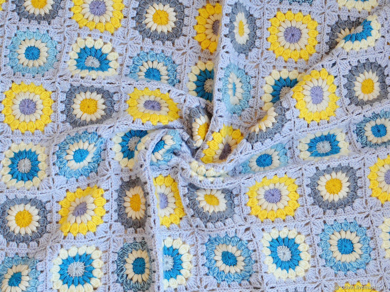 Плед вязаный детский Пэчворк голубой желтый синий, Пледы для детей, Псков,  Фото №1