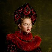 Русский стиль handmade. Livemaster - original item Black-and-red Headdress. Handmade.