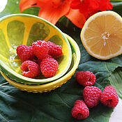 Тарелки: Желтая фарфоровая тарелка с роспиью Фрукты и ягоды