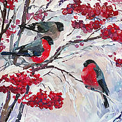 Картины и панно handmade. Livemaster - original item Winter painting with bullfinches. A study of birds in gouache. 28h40. Handmade.