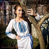 Русский стиль handmade. Livemaster - original item Blouse Slavyanka white and blue. Handmade.