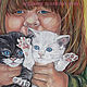 Ginger Girl and Kittens Original Oil Painting, Child Cat Fine Art, Pictures, Murmansk,  Фото №1