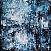 Картины и панно handmade. Livemaster - original item Blue painting 60 by 60 cm gray painting palette knife painting rain. Handmade.