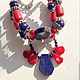 Bracelet and earrings made of natural stones in ethnic Oriental style. Red - and-blue color scheme, can be attributed to the boho and shocking, glamorous style.
