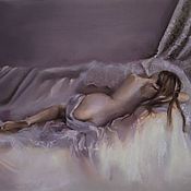 Картины и панно handmade. Livemaster - original item Pastel painting of a girl lying down (gray-purple yellow nude). Handmade.
