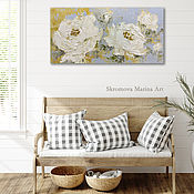 Картины и панно handmade. Livemaster - original item Horizontal small painting of flowers. White peonies on blue.. Handmade.