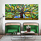 The tree of life. Green abstract painting with golden potala