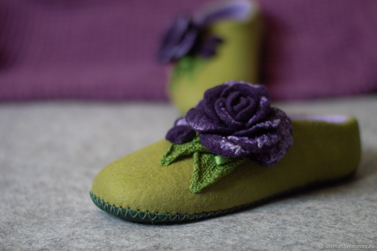 Felted women's olive slippers with a rose, Slippers, Chelyabinsk,  Фото №1
