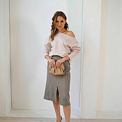 Одежда handmade. Livemaster - original item Brown beige plaid A-line skirt with slit and pockets. Handmade.