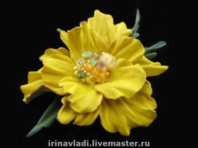 jewelry made of leather, brooch flower hair clip. yellow flower leather, hair accessories, flower hair clip made of leather, leather flower brooch. yellow leather flower leather flower brooch
