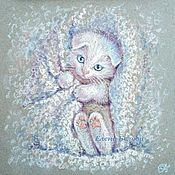 Картины и панно handmade. Livemaster - original item Painting with a white kitten Bunny in the nursery, miniature. Handmade.