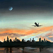 Картины и панно handmade. Livemaster - original item Painting Night City Airplane Dawn interior oil painting. Handmade.