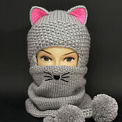 Аксессуары handmade. Livemaster - original item Set of 2 things: Hat with ears Cat Snood with Cat face. Handmade.