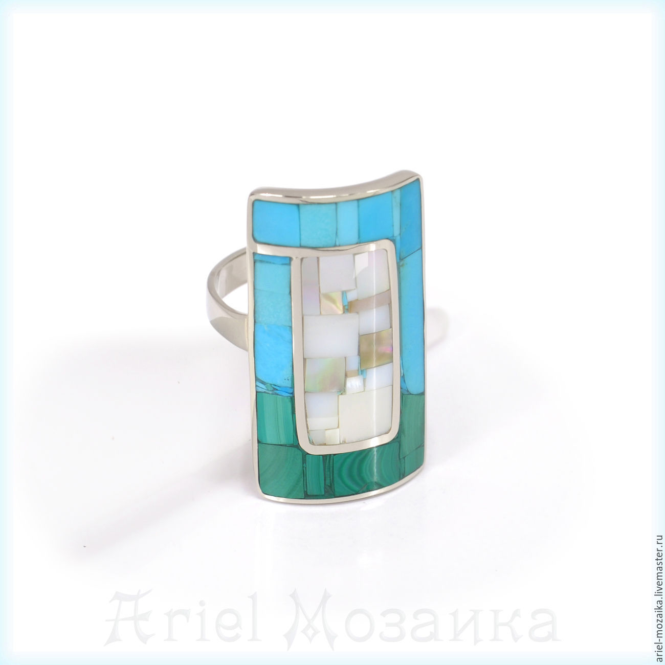 Ring `malachite and Abalone` ARIEL - Alena - MOSAIC ring Size - 18.0 Ring with mother of pearl Ring with turquoise Ring with malachite Mosaic from natural stones, Completely handmade, author's
