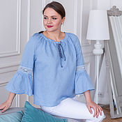 Одежда handmade. Livemaster - original item Linen blouse with lace and lace-up blue. Handmade.
