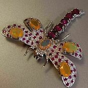 Украшения handmade. Livemaster - original item Fire Dragonfly brooch with opals and rubies.. Handmade.