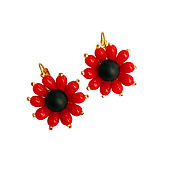 Украшения handmade. Livemaster - original item Earrings Red flowers, coral, shungite, gold plated. Handmade.