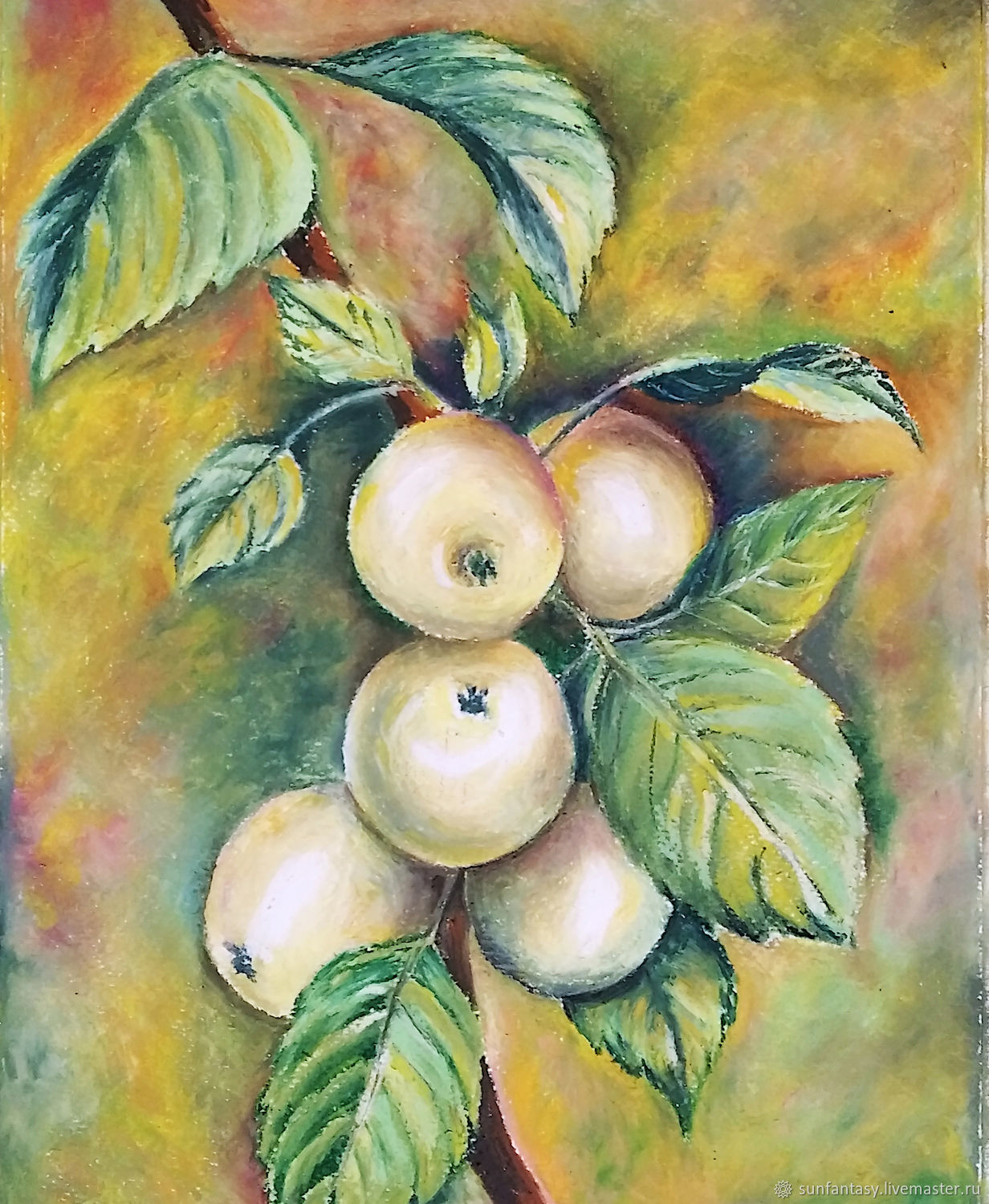 Веточка яблок масляной пастелью