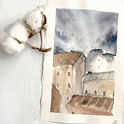 "Закат в Провансе" акварель (Франция, пейзаж, сиреневый)
