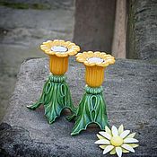 Винтаж handmade. Livemaster - original item Chamomile field. Pair of antique candlesticks. Majolica.. Handmade.