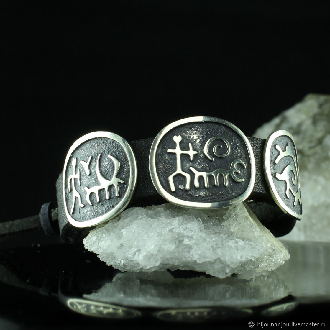 Leather bracelet with silver inserts Rock Paintings RO0002, Bead bracelet, Yerevan,  Фото №1