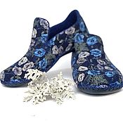 Felted Flip-flops Women's Blue Poppies Felted Slippers