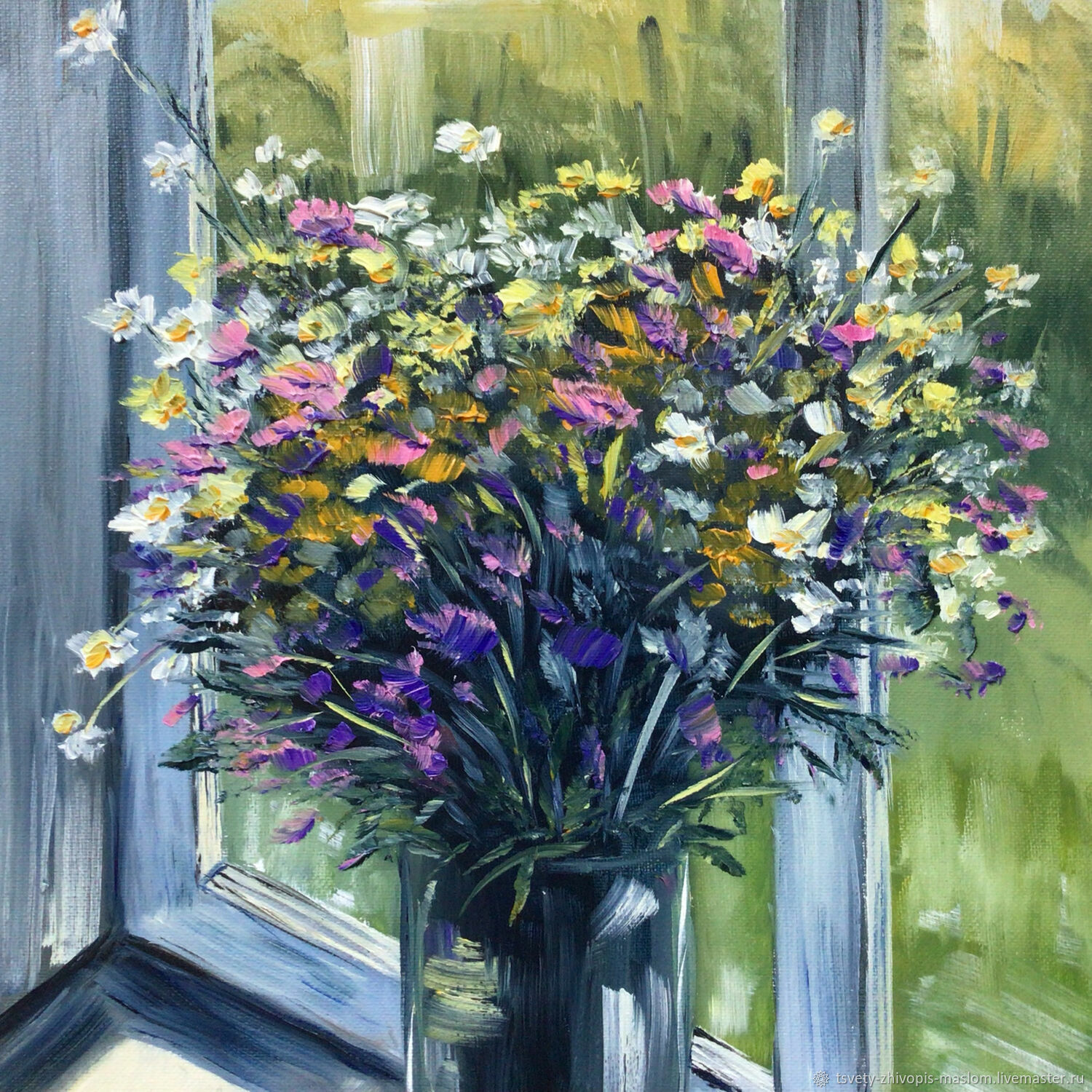 Картина маслом Букет полевых цветов в вазе на окне, Картины, Стерлитамак,  Фото №1